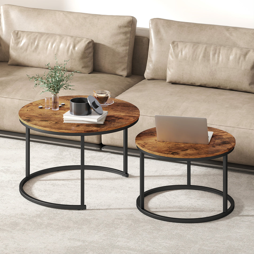 MCL Coffee Table Set of 2, Round Nest of Tables with Metal Frame, Modern Side Tables for Living Room, Rustic Brown