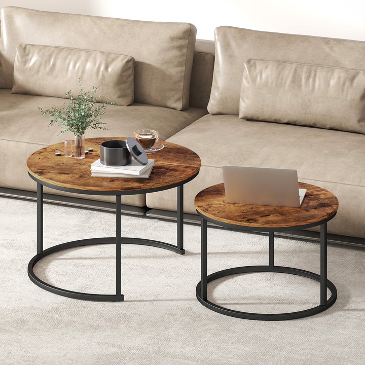 MCL Coffee Table Set of 2, Round Nest of Tables with Metal Frame, Modern Side Tables for Living Room, Rustic Brown