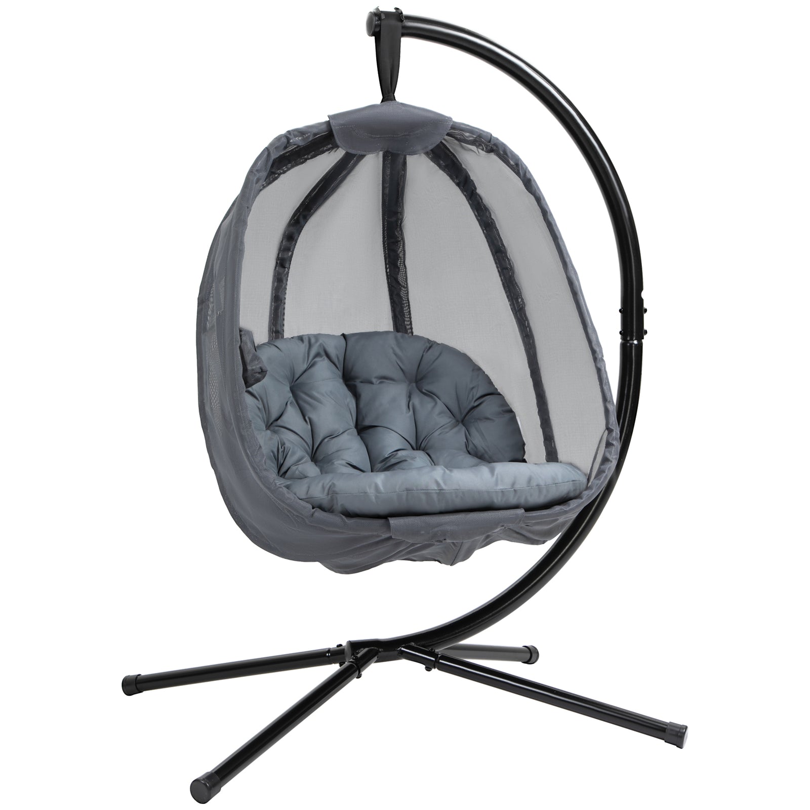 Hanging Egg Chair, Folding Texteline Swing Hammock with Side Pocket, Cushion and Stand for Indoor Outdoor, Patio Garden Furniture, Grey
