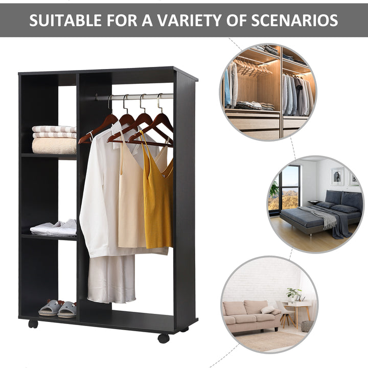 Open Wardrobe on Wheels, Bedroom Wardrobe with Clothes Hanging Rail, 3 Storage Shelves, Mobile Garment Rack for Cloakroom, Hallway, Black