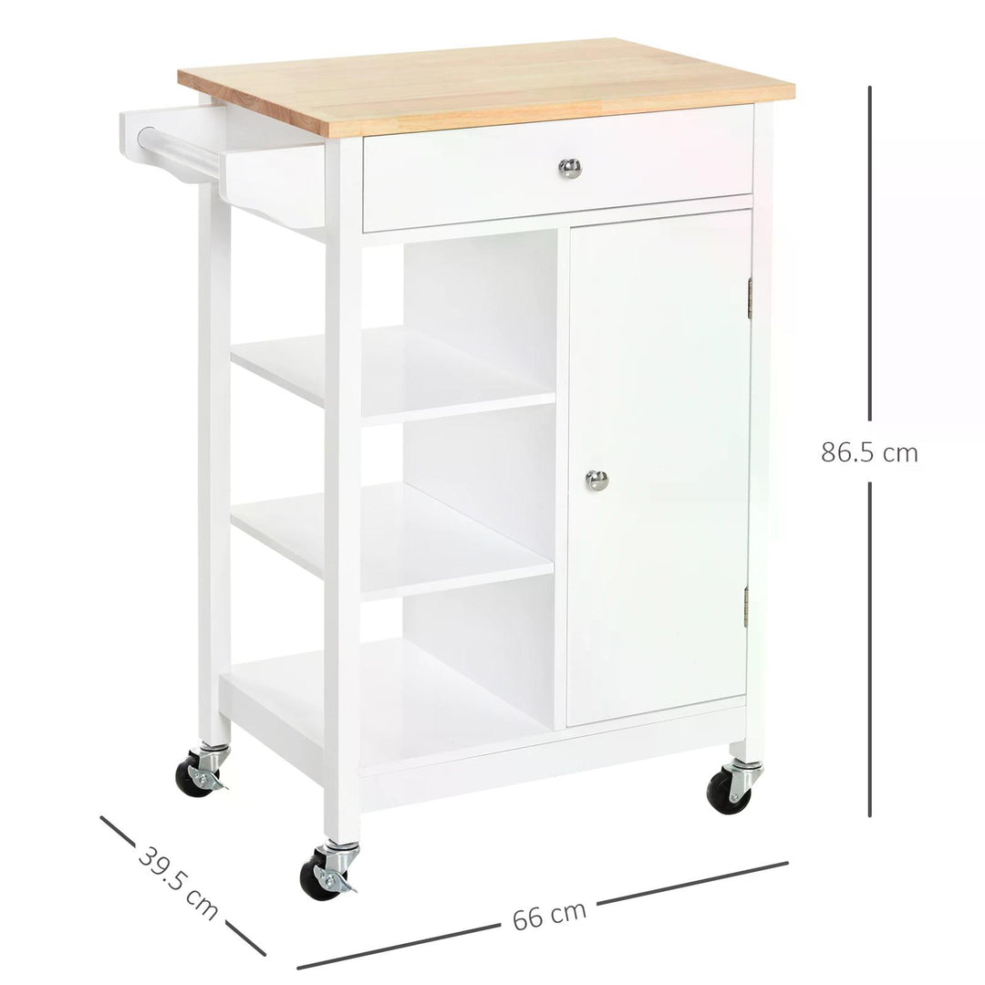 HOMCOM Kitchen Storage Trolley Unit w/ Wood Top 3 Shelves Cupboard Drawer Rail 4 Wheels Handles Moving Shelf Handy Spacesaver White | Aosom UK