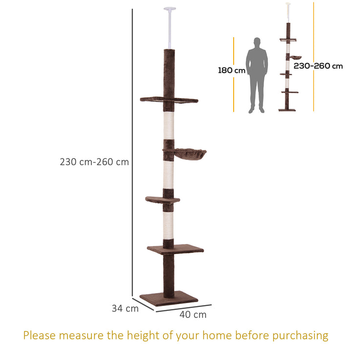 PawHut Cat Climbing Tree, 5-Tier Floor to Ceiling Adjustable Scratching Post Tower, Activity Centre, Brown, 230-260cm | Aosom UK