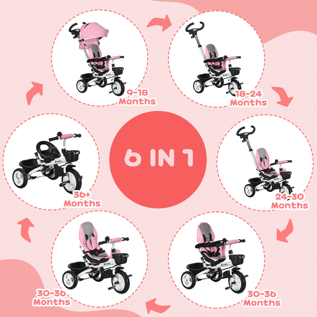 Metal Frame 6 in 1 Baby Push Tricycle with Parent Handle for 1-5 Years Old, Pink