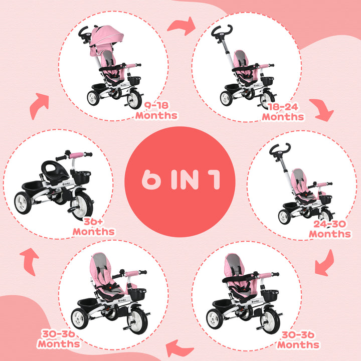 Metal Frame 6 in 1 Baby Push Tricycle with Parent Handle for 1-5 Years Old, Pink