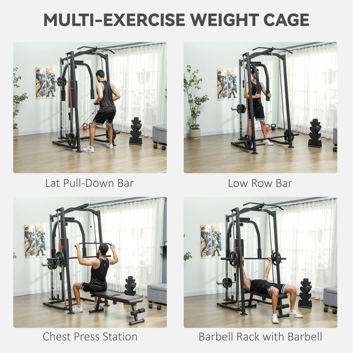 3 In 1 Smith Machine with Dual Cable Pulley System, Chest Press Station, 17-Level Squat Rack and Barbell Bar