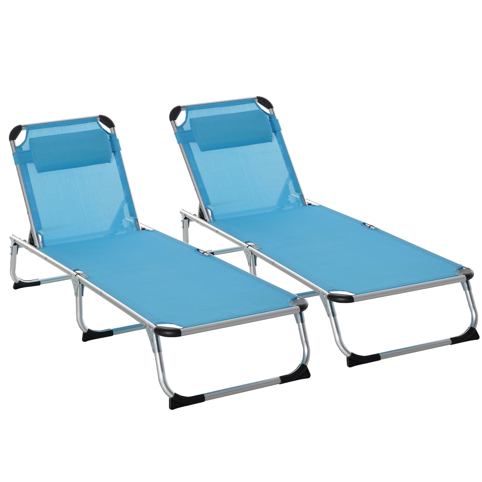 Foldable Outdoor Sun Loungers Set of 2, Reclining Lounge Chair Camping Bed Cot with Pillow 4-Level Adjustable Back Aluminium Frame, Blue