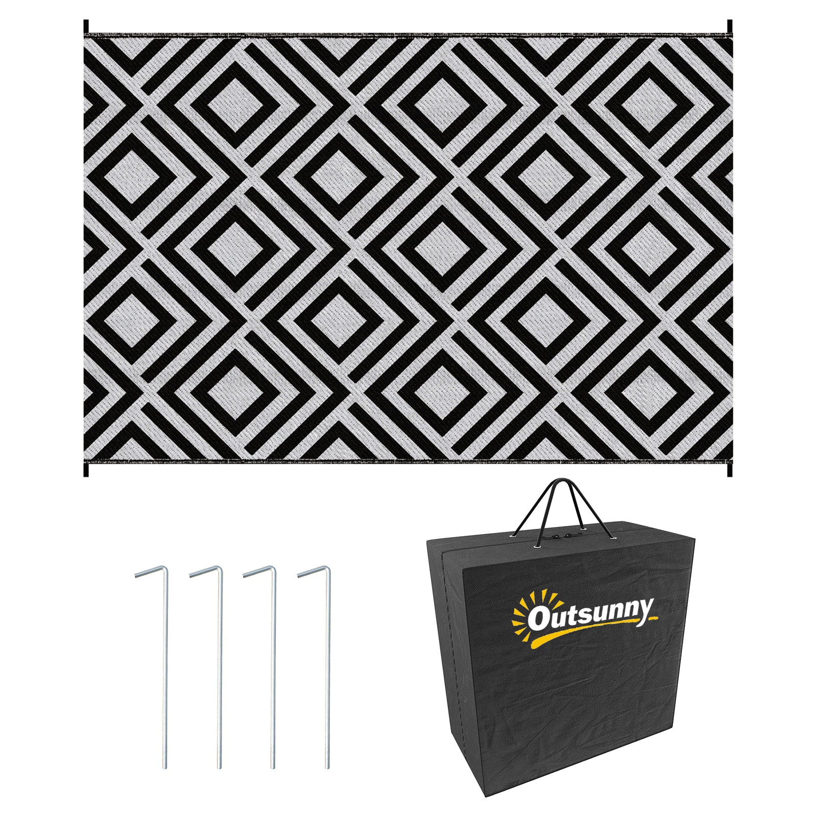 Reversible Outdoor Rug, Plastic Straw Mat w/ Carry Bag Ground Stakes for Garden RV Picnic Beach Camping 182x274cm Black