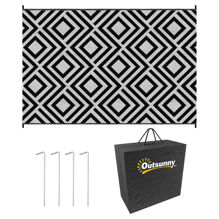 Reversible Outdoor Rug, Plastic Straw Mat w/ Carry Bag Ground Stakes for Garden RV Picnic Beach Camping 182x274cm Black
