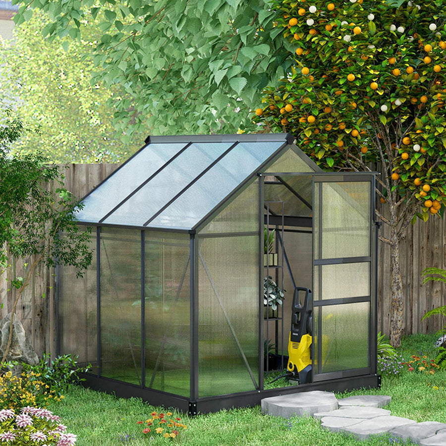 6 x 6ft Polycarbonate Greenhouse, Large Walk-In Green House with Slide Door and Window, Garden Plants Grow House with Aluminium Frame and Foundation, Grey