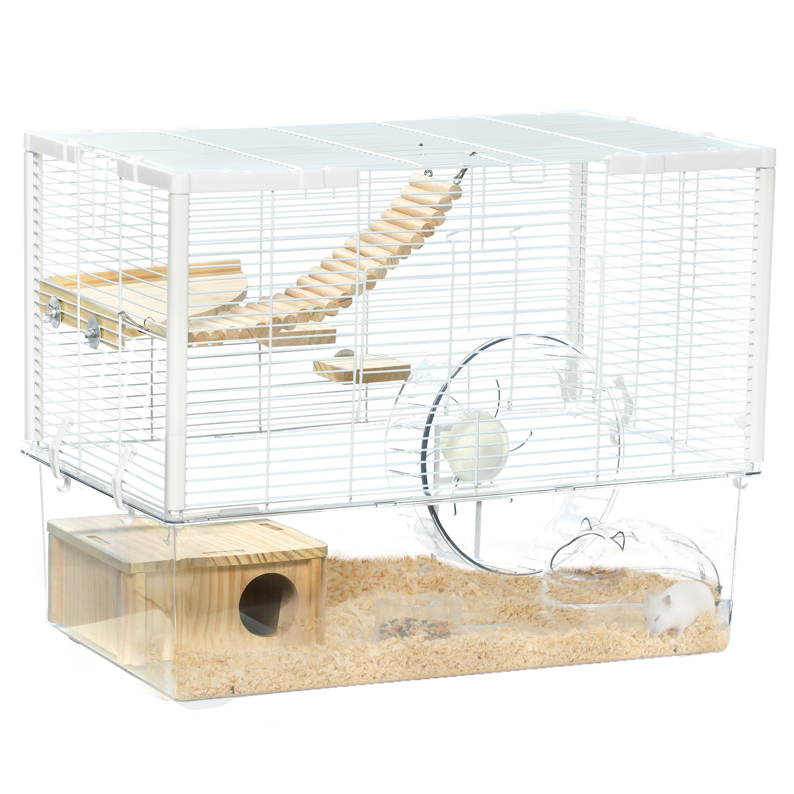 Hamster Cage, Gerbil Cage with Wooden Ramp, Exercise Wheel, Food Bowl - White