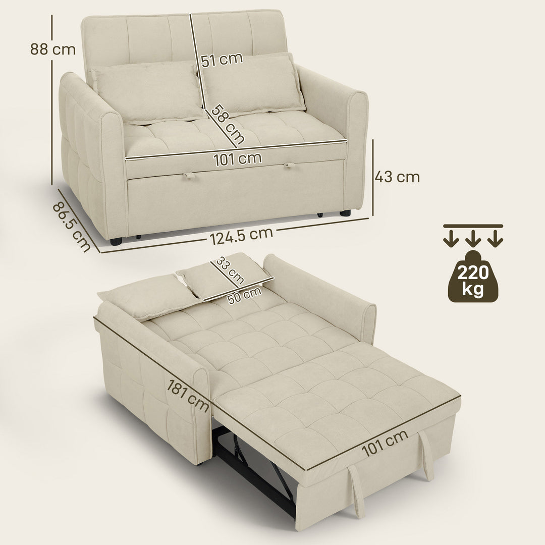 2 Seater Sofa Bed, 3-in-1 Convertible Sleeper Sofa with Click-clack Adjustable Backrest and 2 Pillows, Light