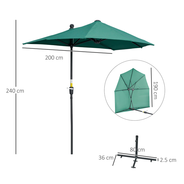 MCL 2m Half Parasol Market Umbrella Garden Balcony Parasol with Crank Handle, Base, Double-Sided Canopy, Dark Green