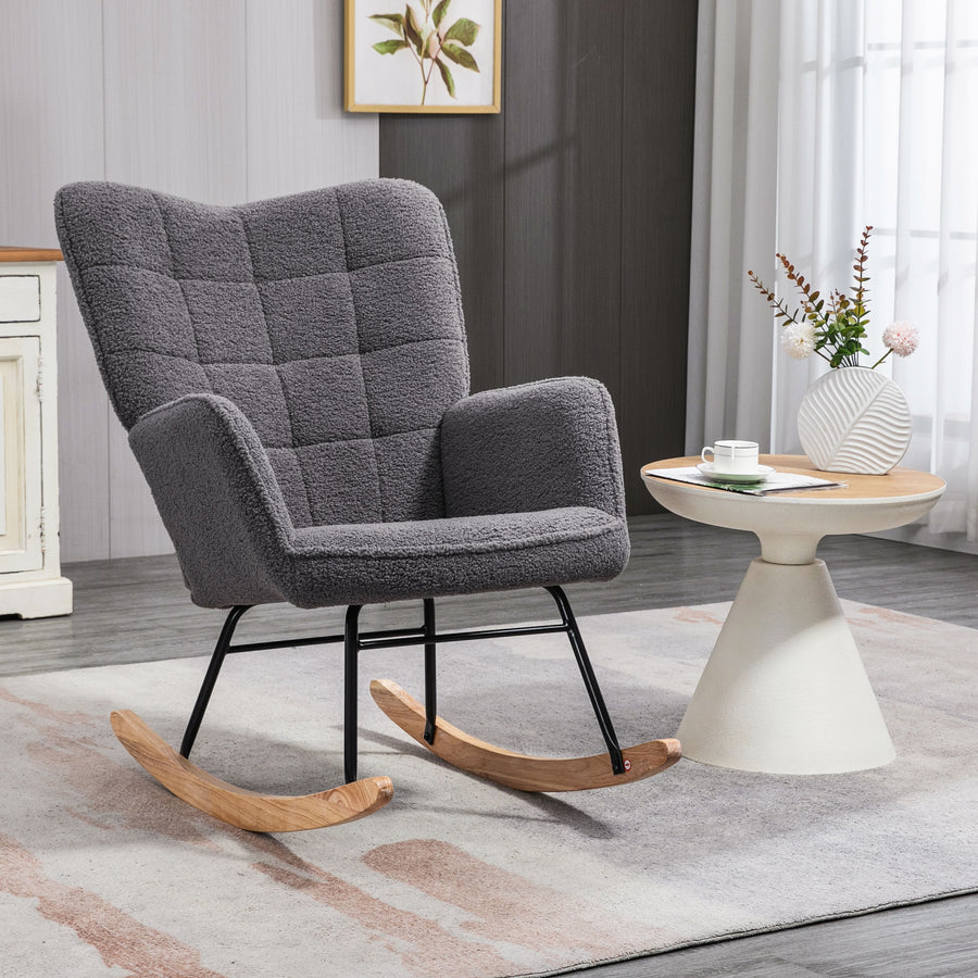Berber Fleece Nursery Glider Rocker for Nursing, Wingback Rocking Chair for Living Room, Dark Grey