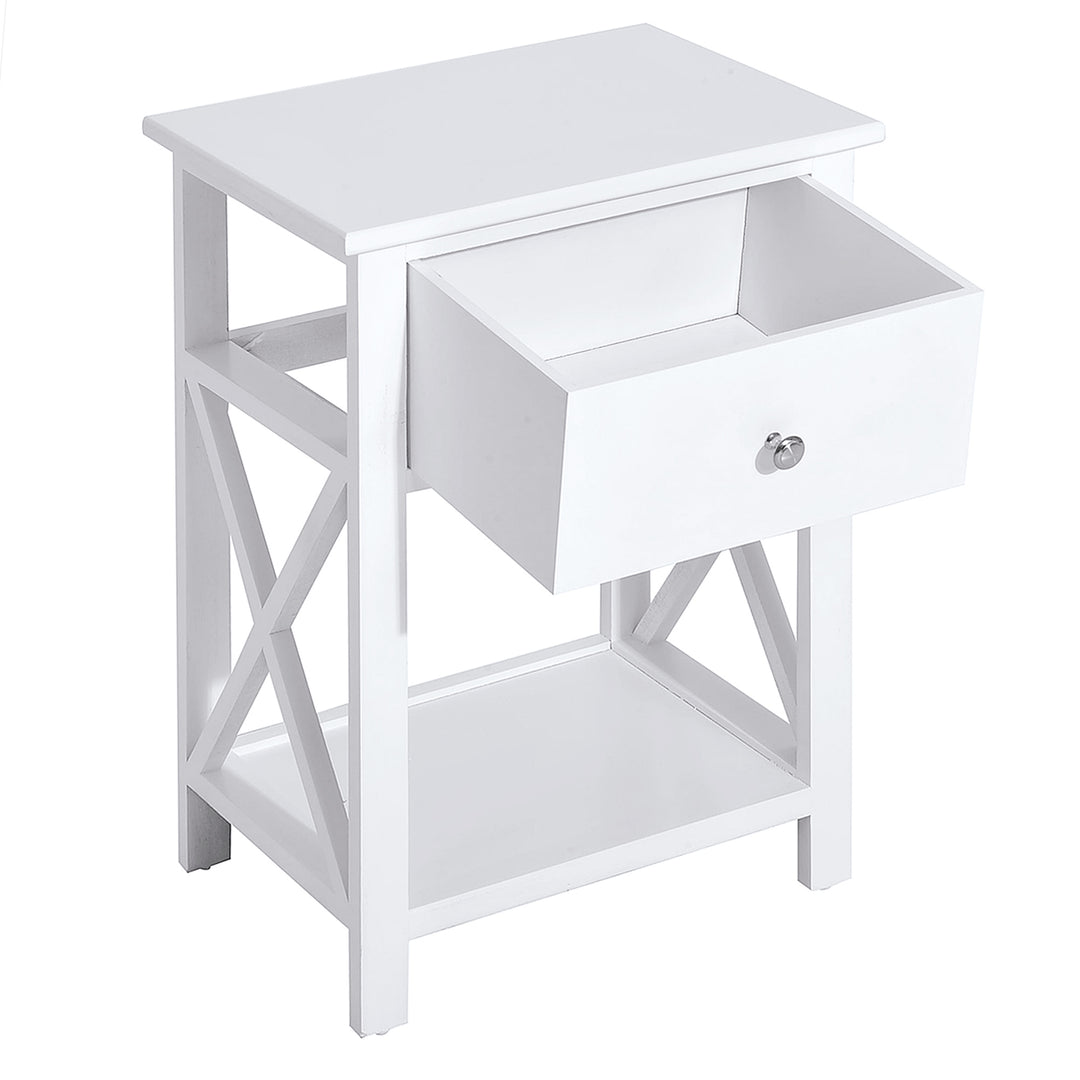 End Table, Sofa Side Table with Drawer X Bar Bottom Storage Shelf, Nightstand Bedside Table for Bedroom or Living Room White