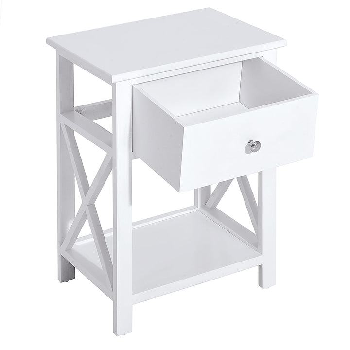End Table, Sofa Side Table with Drawer X Bar Bottom Storage Shelf, Nightstand Bedside Table for Bedroom or Living Room White