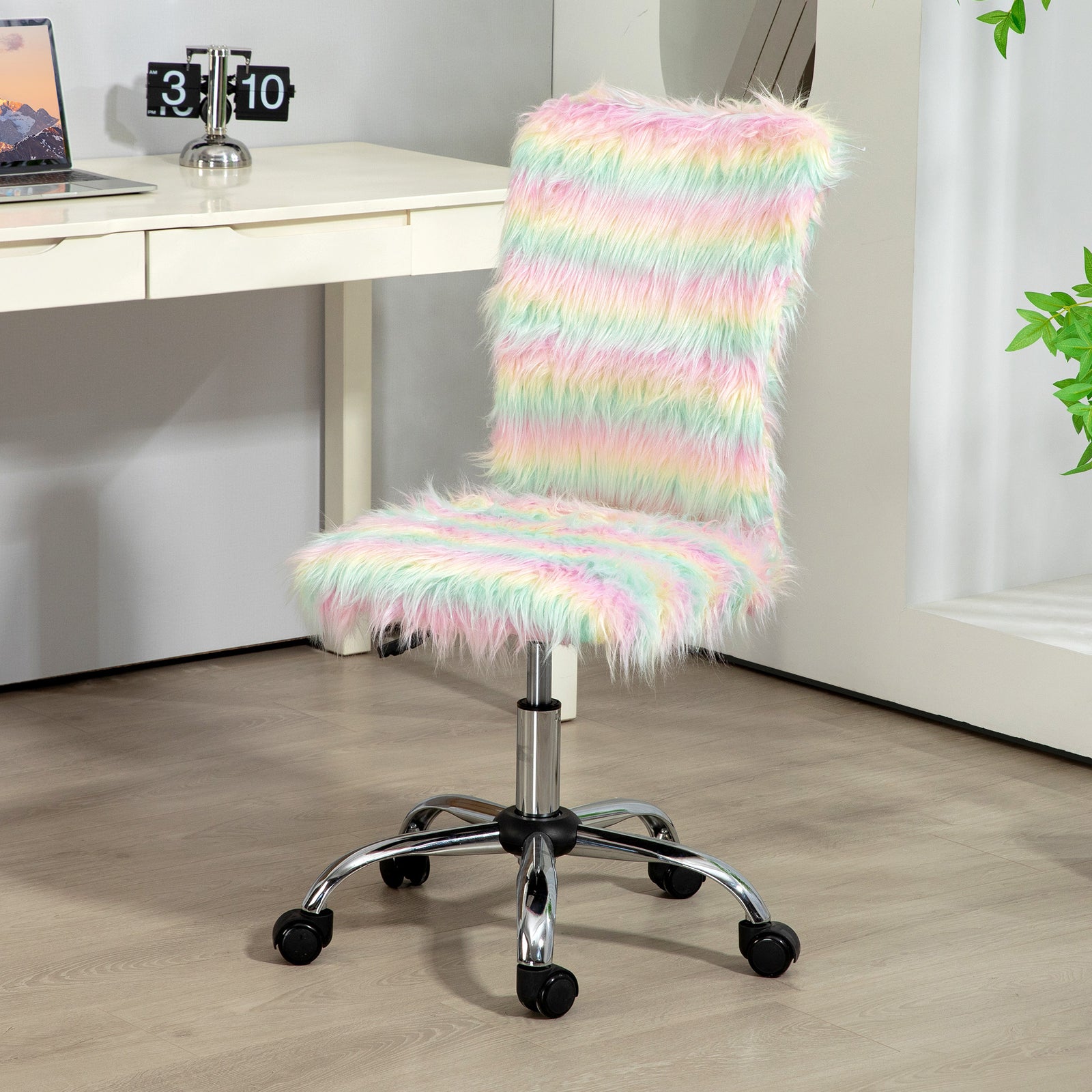 Fluffy Desk Chair, Armless Students Chair, Makeup Vanity Chair with Adjustable Height, Rolling Wheels for Home Study Bedroom, Unicorn Tone