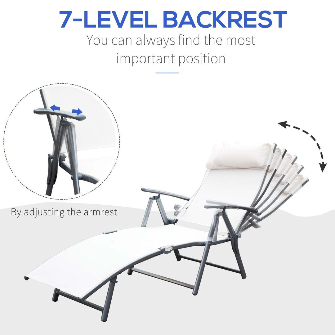 Sun Lounger Steel Frame Outdoor Folding Chaise Texteline Lounge Chair Recliner with Headrest & 7 Levels Adjustable Backrest, Cream White