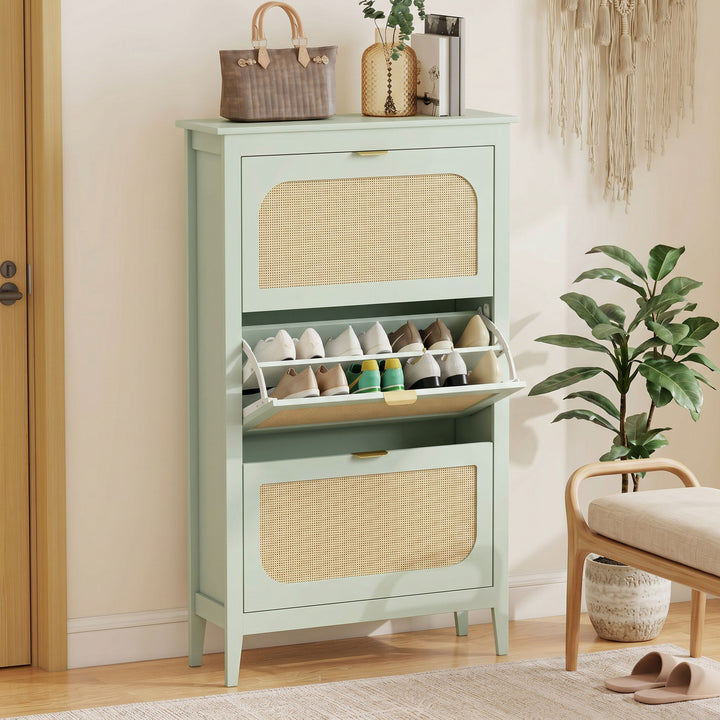 Narrow Shoe Cabinet, Boho Slim Shoe Storage Cabinet with 3 Flip Drawer