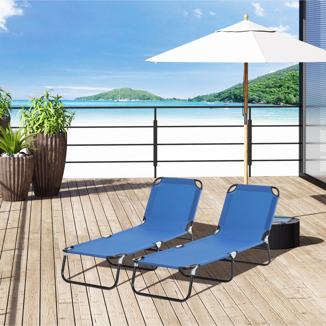 2 Piece Foldable Sun Loungers with 5-Position Adjustable Backrest, Outdoor Portable Recliner Chaise Lounge Chairs with Breathable Mesh Fabric, Blue