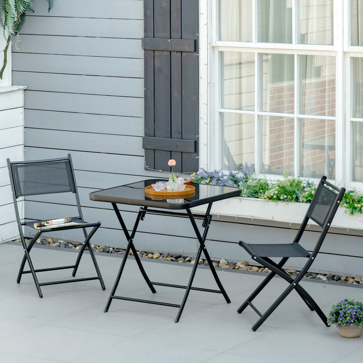 3 Pieces Garden Bistro Set, Folding Patio Table with Glass Table Top and 2 Chairs, Outdoor Furniture Set for Garden and Porch, Black