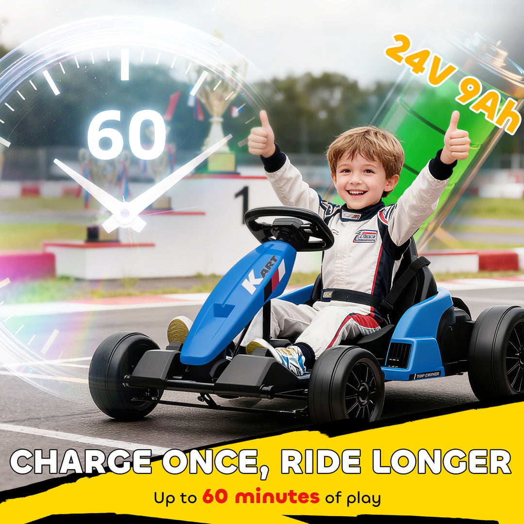 24V Electric Go Kart, Drift Kart with Adjustable Seat, Slow Start, 5-Point Harness, Music, Horn, for 6-12 Years