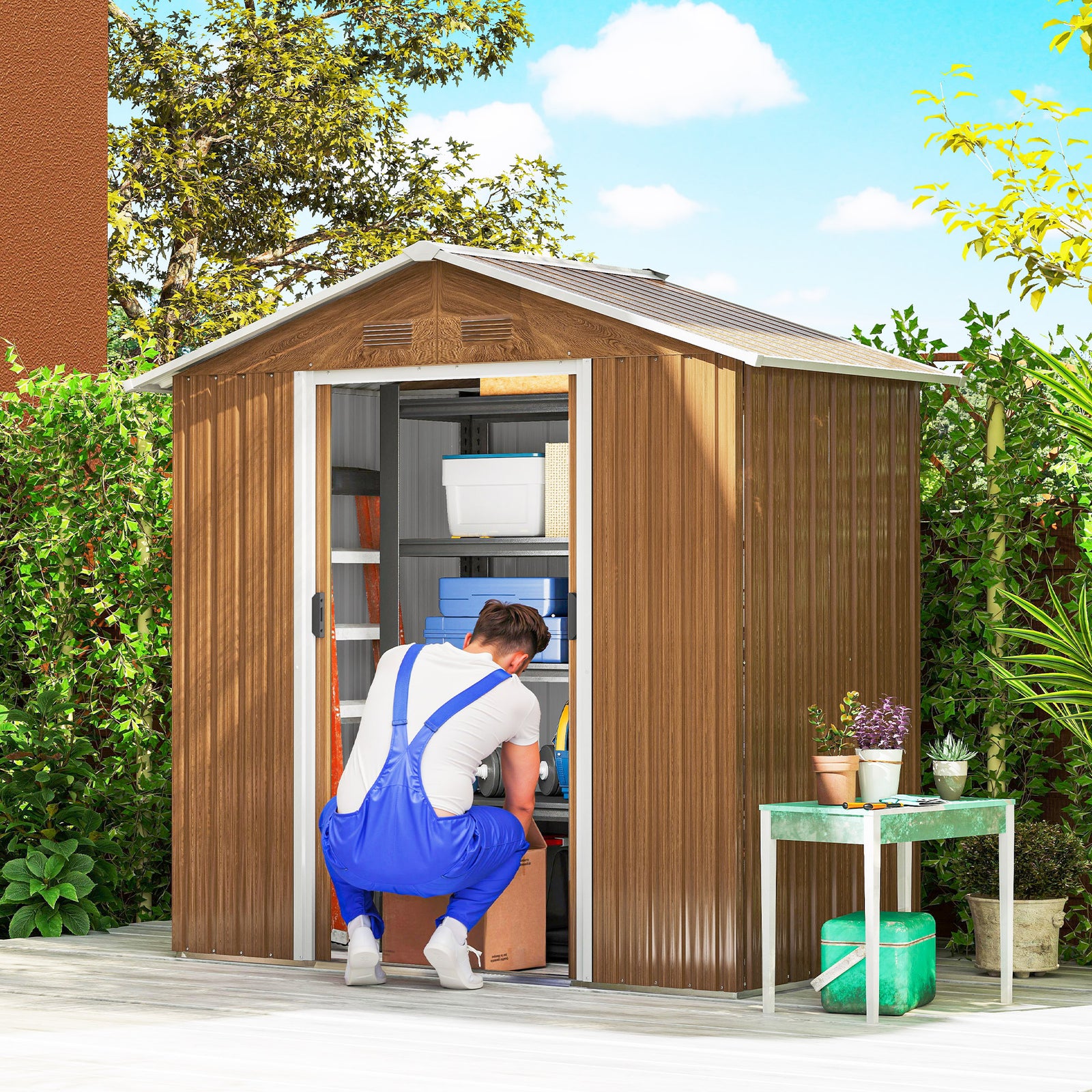 6.5 x 3.5ft Metal Garden Storage Shed - Brown Wood Effect