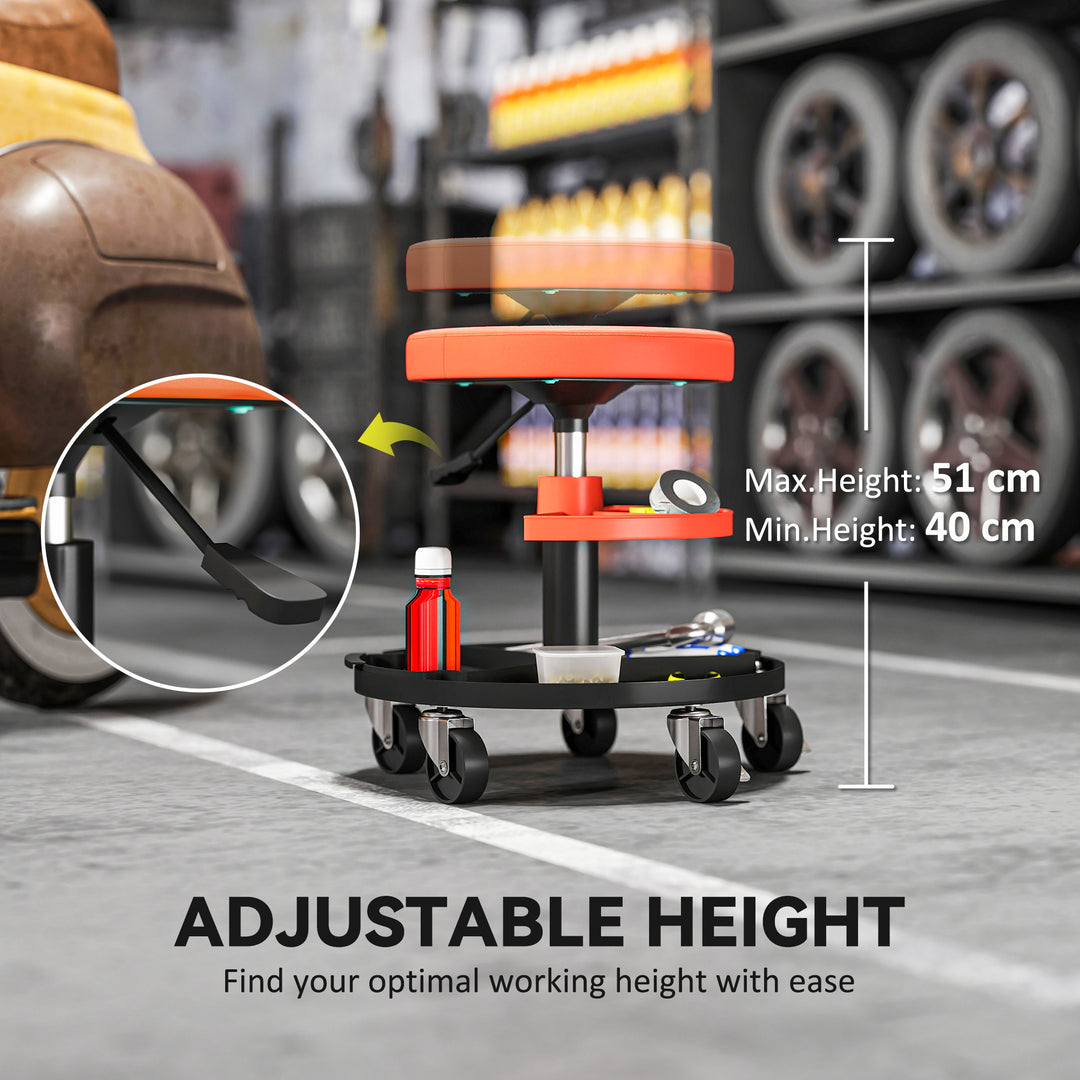 Rolling Mechanic Stool, 135kg Capacity Workshop Stool, 360° Swivel Roller Padded Creeper Seat with Wheels, Tool Trays Storage for Garage, Shop, Auto Repair, Yellow