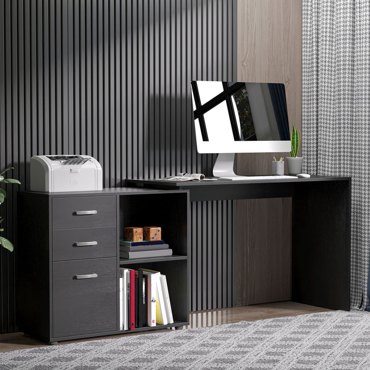 L Shaped Computer Desk, Reversible Home Office Desk with Drawers, File Cabinet and Storage Shelves, Study Table, 117 x 83.5 x 76cm, Black