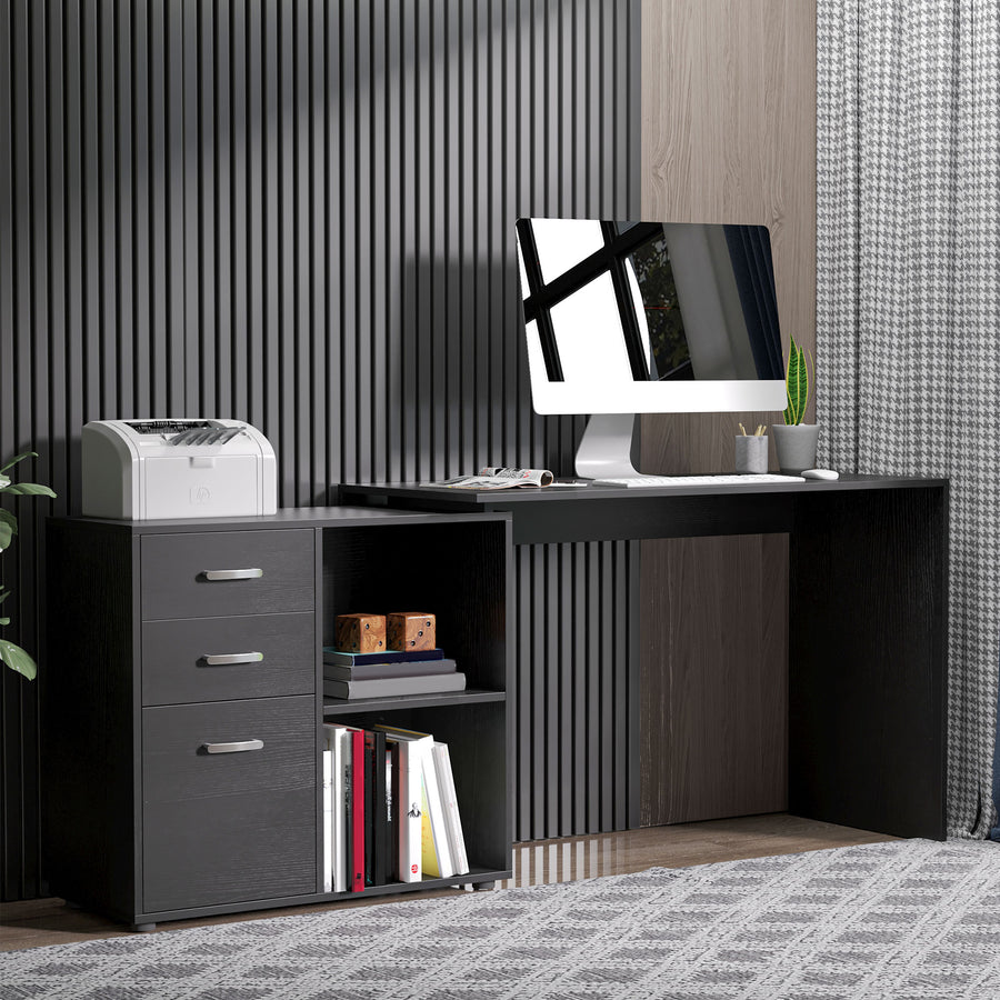 L Shaped Computer Desk, Reversible Home Office Desk with Drawers, File Cabinet and Storage Shelves, Study Table, 117 x 83.5 x 76cm, Black