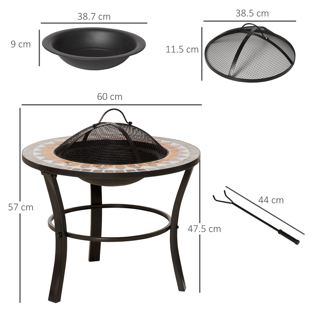 Outsunny 60cm Outdoor Fire Pit Table with Mosaic Outer, Round Firepit with Spark Screen Cover, Fire Poker for Garden Bonfire Party