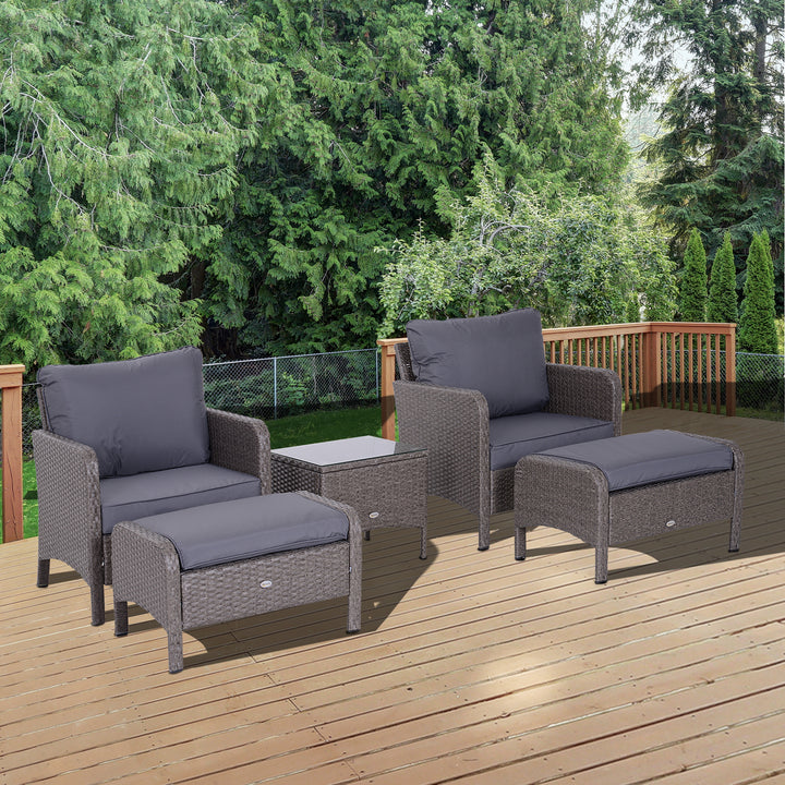 Outsunny Waterproof 2 Seater Rattan Garden Furniture Set Wicker Weave Sofa Chair with Footstool and Coffee Table Thick Cushions Dark Grey | Aosom UK