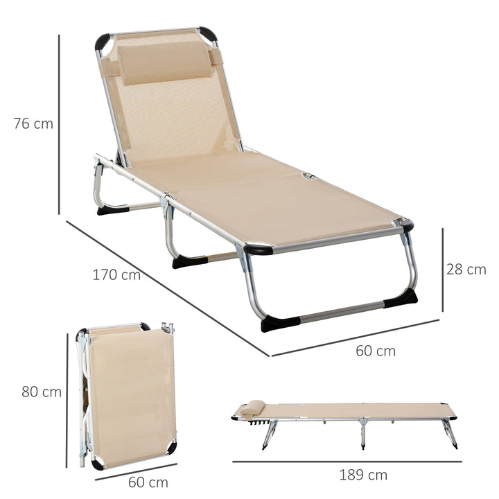 Foldable Outdoor Sun Loungers Set of 2, Reclining Lounge Chair Camping Bed Cot with Pillow 4-Level Adjustable Back Aluminium Frame, Khaki