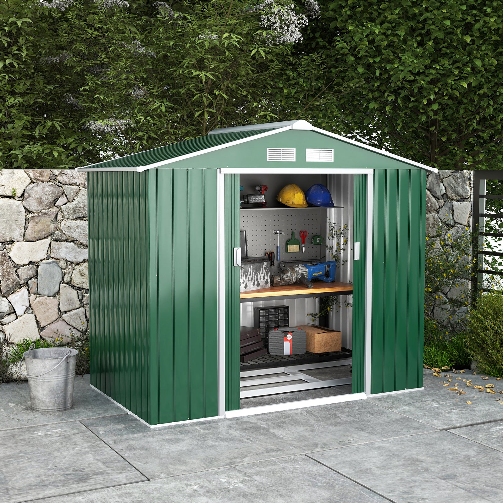 7 x 4ft Metal Garden Shed, Outdoor Storage Tool House with Ventilation Slots, Foundation Kit and Lockable Double Doors, Green