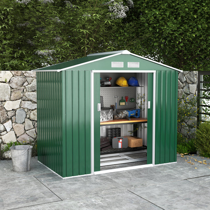 MCL 7 x 4ft Metal Garden Shed, Outdoor Storage Tool House with Ventilation Slots, Foundation Kit and Lockable Double Doors, Green