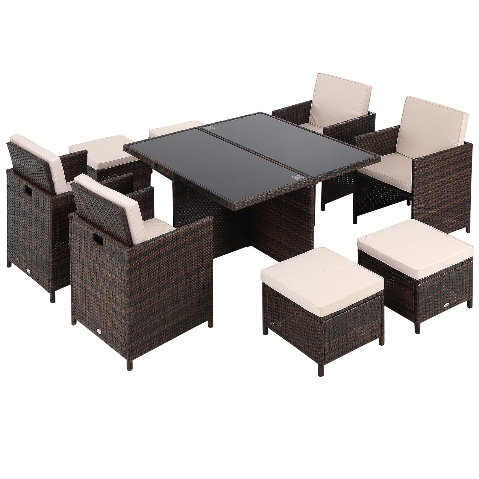 8 Seater Rattan Cube Garden Furniture Set, Rattan Dining Set with Cushions, Outdoor Dining Table and Chairs with 4 Armchairs, 4 Stools, Square Glass Top Table for Patio, Balcony, Brown