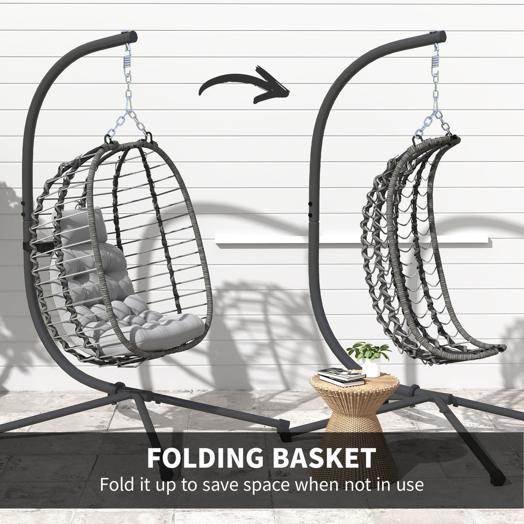 Rattan Hanging Egg Chair, Foldable Wicker Hammock Swing Chair with Cushion, Stand, Adjustable Height, Head Pillow, Steel Frame for Garden Patio Indoor Outdoor, Light Grey