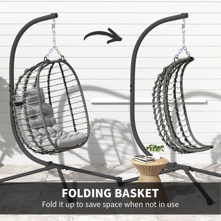 Rattan Hanging Egg Chair, Foldable Wicker Hammock Swing Chair with Cushion, Stand, Adjustable Height, Head Pillow, Steel Frame for Garden Patio Indoor Outdoor, Light Grey