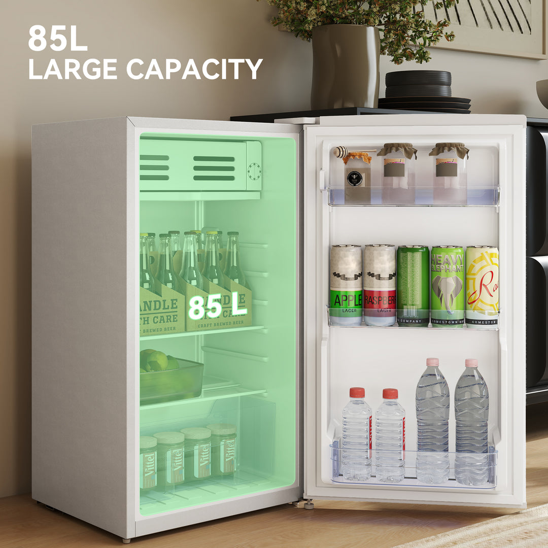 Under Counter Fridge, 85L Small Retro Refrigerator with Chiller Box, Adjustable Thermostat, Glass Shelves, White