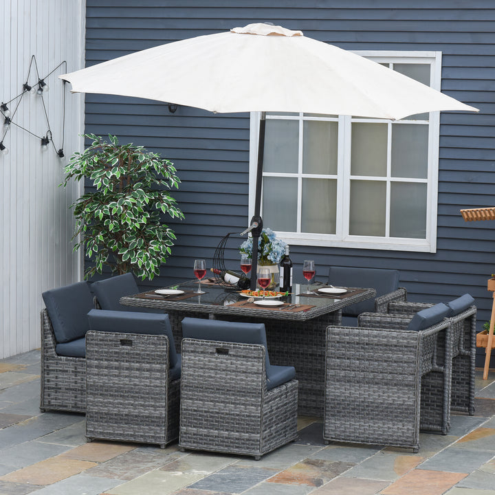8 Seater Rattan Cube Garden Furniture Set with Parasol Hole, Rattan Dining Set with Cushions, Outdoor Dining Table and Chairs with Square Glass Top Table for Patio, Balcony, Mixed Grey