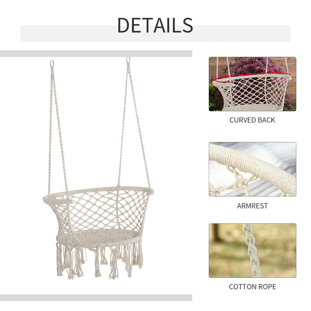 Outsunny Cotton Rope Hanging Hammock Chair, Porch Swing with Metal Frame, Cushion, Large Macrame Seat, Cream White