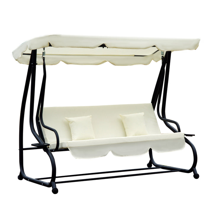 Outsunny 2-in-1 Garden Swing Seat Bed 3 Seater Swing Chair Hammock Bench Bed with Tilting Canopy and 2 Cushions, Cream White | Aosom UK