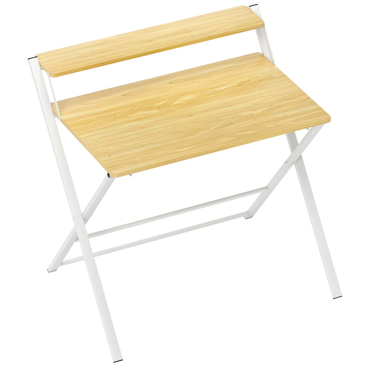 Compact Folding Desk for Small Spaces, Foldable Computer Desk with Storage Shelf for Home Office, 2-Tier Study Writing Table, 86 x 66 x 82 cm, Maple Wood-effect
