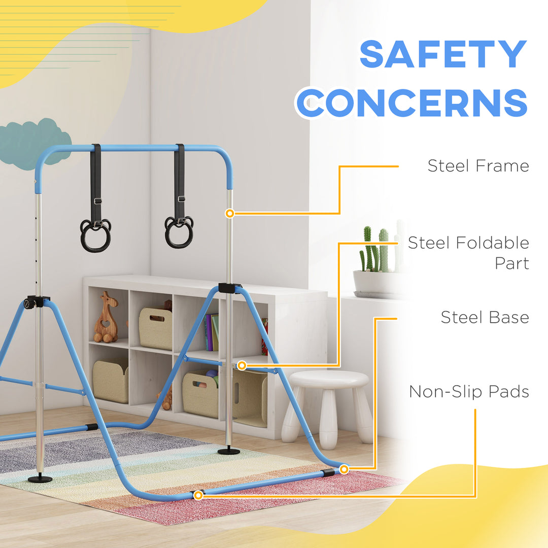 Adjustable Height, Foldable Kids Gymnastics Bar w/ Non-slip Rubber Floor Rings, for 3+ Years, Blue