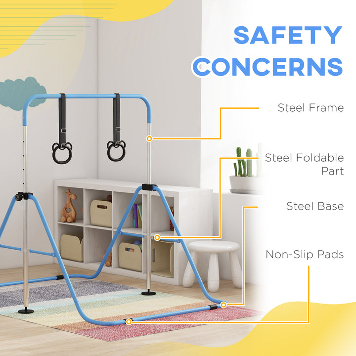 Adjustable Height, Foldable Kids Gymnastics Bar w/ Non-slip Rubber Floor Rings, for 3+ Years, Blue