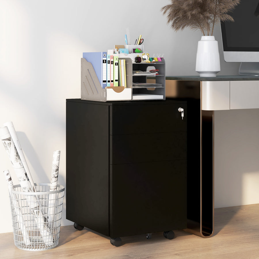 3-Drawer Vertical Filing Cabinet with Pencil Tray, Lock and 5 Wheels, Steel Mobile File Cabinet, for A4, Legal and Letter Size, Pre-Assembled Body, Black