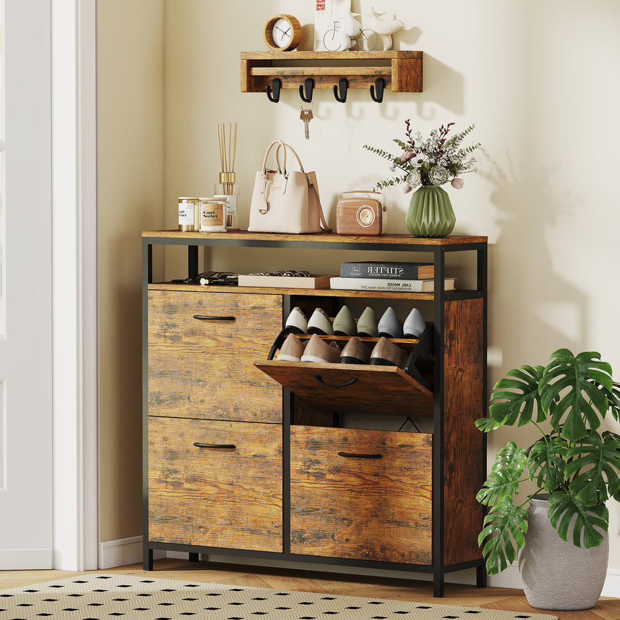 Shoe Storage Cabinet with 4 Flip Drawers and Open Shelf - Rustic Brown