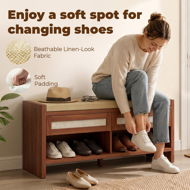 Boho Shoe Bench with 2 Rattan Drawers, Shoe Storage Bench with Cushion