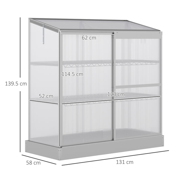 3 Tier Greenhouse Garden Outdoor Cold Frame Plant Flower Growth Transparent Polycarbonate Board Openable Roof Sliding Door w/ Foundation 131L x 58W x 140H cm