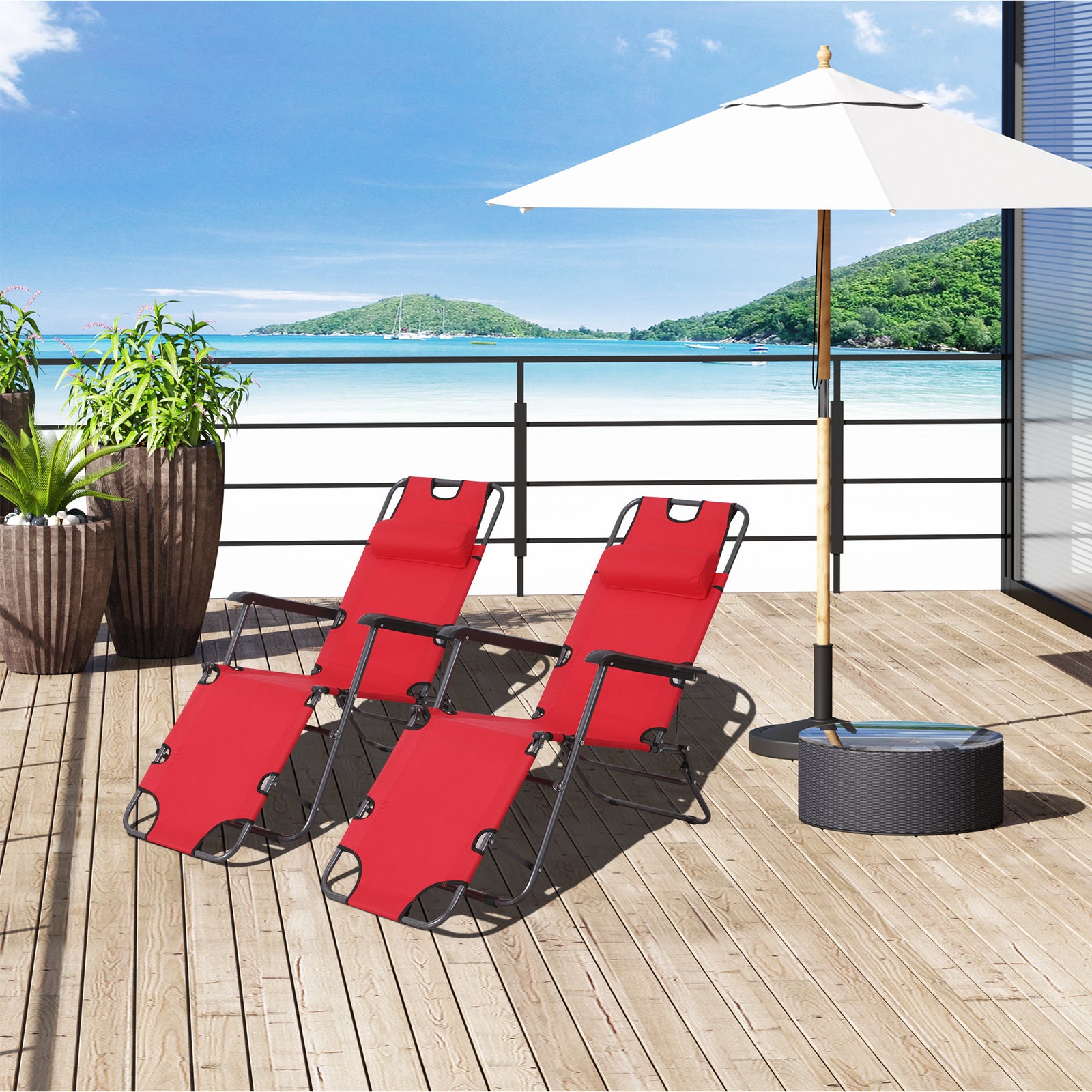 2 in 1 Folding Sun Lounger Reclining Garden Chair Set of 2 with 2-Level Adjustable Backrest, Outdoor Zero Gravity Recliner Garden Chairs with Head Pillow and Armrests, Red