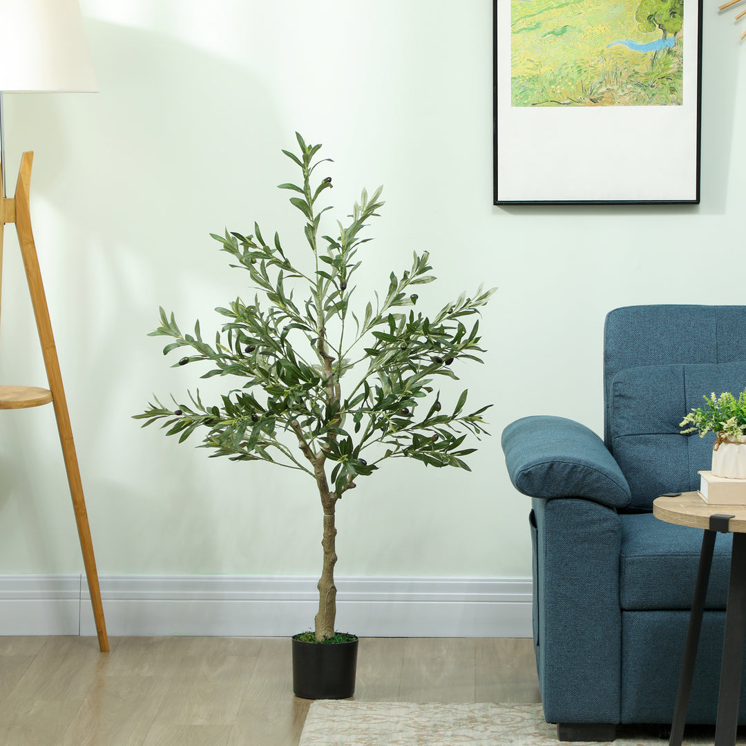 4ft/ 120cm Decorative Artificial Plant, Silk Olive Tree with 450 Leaves and 20 Olive Fruits in Pot, Fake Plant for Home, Office, Living Room, Indoor Decor